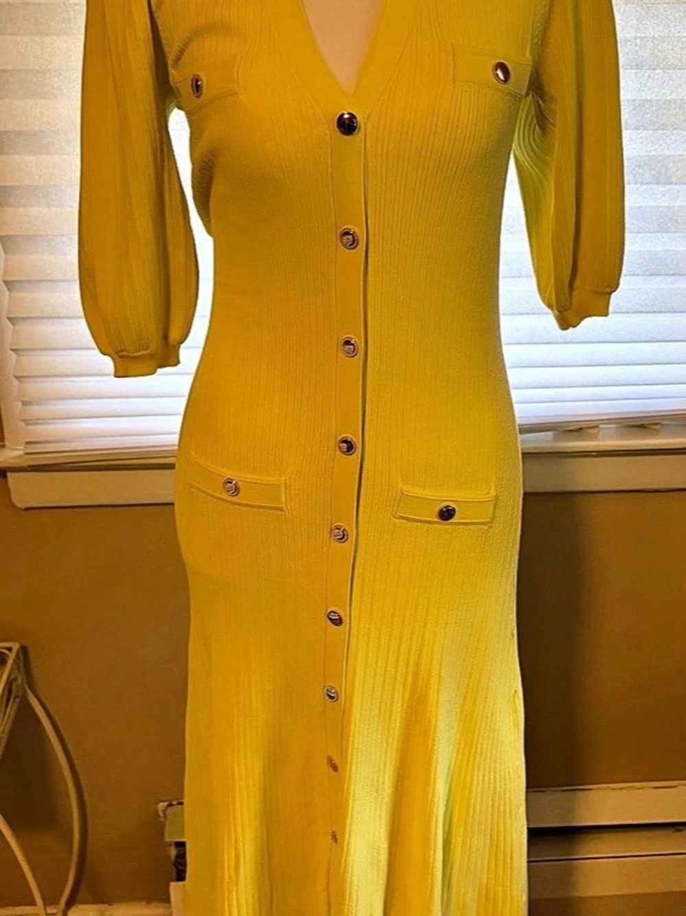 Sandro Ribbed Midi Dress in Yellow Size Small